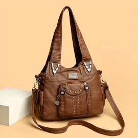 Vintage Faux Leather Crossbody Bag with Removable Strap and Zipper Closure, Solid Color Messenger Bag, Polyester Lined Handbag for Everyday Travel - Baigou Crafted