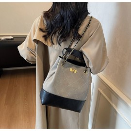 1pc Women's Retro Bucket Bag with Golden-Tone Hardware & Chain Strap - Elegant Golden-Tone Hardware, Buckle Closure, Lining - Coffee Brown/Light Brown/Gray/Black Handbag for Casual & Formal Events