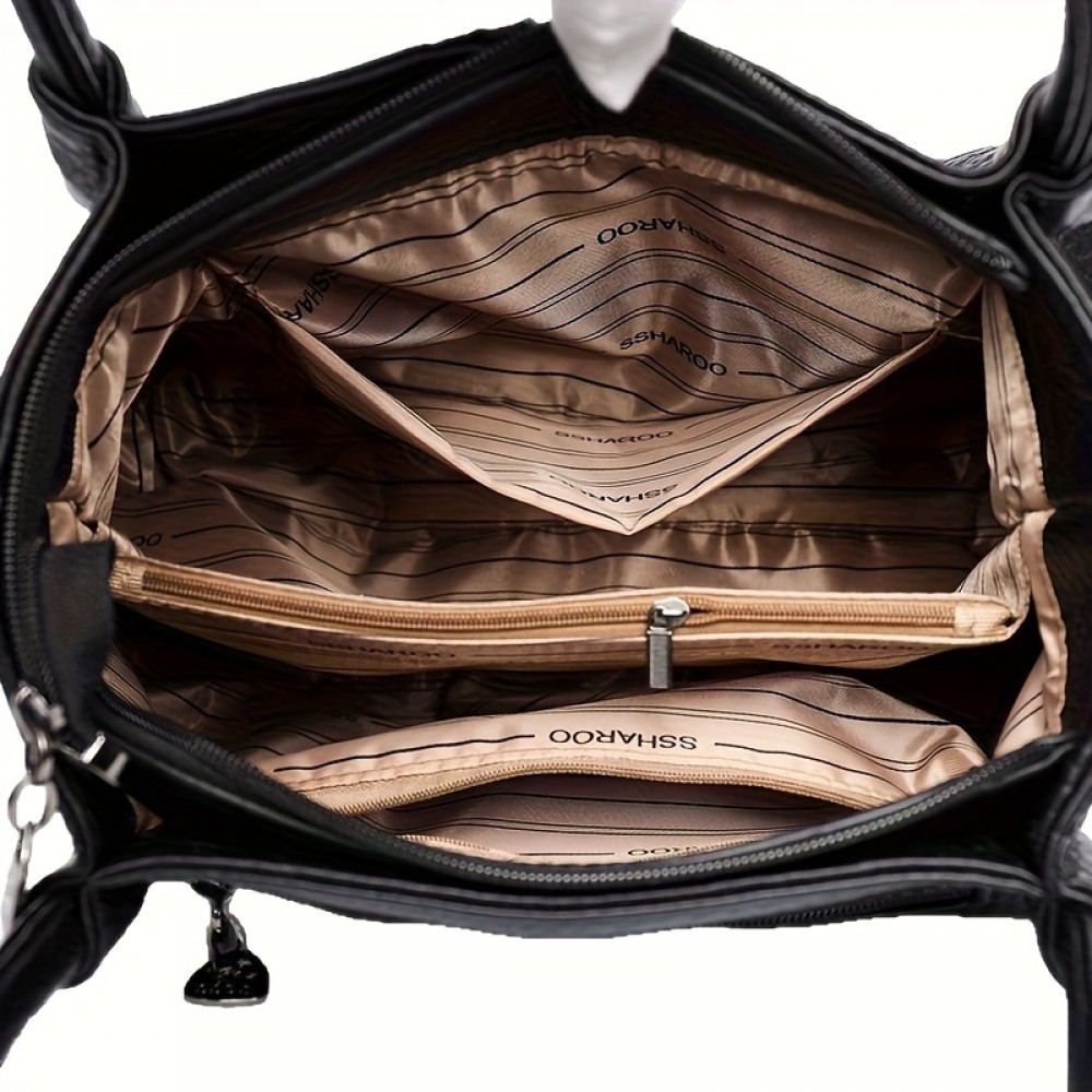 Black Lychee Pattern Women's Handbag, Dual-Use Tote and Crossbody Bag for Mom with Large Capacity & Multiple Compartments