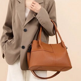 Black Lychee Pattern Women's Handbag, Dual-Use Tote and Crossbody Bag for Mom with Large Capacity & Multiple Compartments