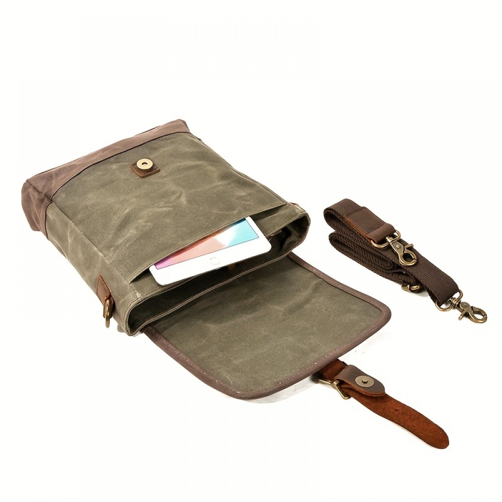 Men's Vintage Olive Green Canvas Crossbody Bag - Large Capacity Adjustable Shoulder Strap, Golden-Tone Hardware & Snap Closure, Casual Outdoor Travel Backpack Purse for,, Everyday Use (Army Green, Durable Canvas)