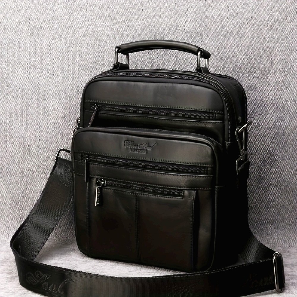 Men'S Genuine Leather Crossbody Bag - Casual Business Style, High-End Texture, Multi-Functional Large Capacity Shoulder Bag with Adjustable Strap, Black, Daily Commute Essentials | Sleek Black Bag | Secure Zipper Closure