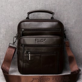 Men'S Genuine Leather Crossbody Bag - Casual Business Style, High-End Texture, Multi-Functional Large Capacity Shoulder Bag with Adjustable Strap, Black, Daily Commute Essentials | Sleek Black Bag | Secure Zipper Closure