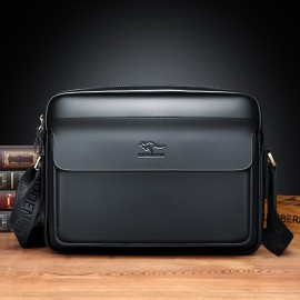 Men's Black Synthetic Leather Business Shoulder Bag with Adjustable Strap, iPad & A4 File Compartment, Multiple Zippered Pockets, Golden-Tone Hardware, Ideal for Office Use, Professional Gear Bag | Stylish Men's Bag | Textured Finish