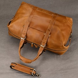 Men's Genuine Leather Travel Duffel Bag, 20 Inch Vintage Carry-On, Large Capacity, Commuter Style, No Wash, Adjustable Strap, Unprinted, Handheld & Shoulder Bag