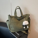 Machine Washable Large Capacity Corduroy Shoulder Bag - Adjustable Strap, Zip Closure - Ideal for Daily Commute and School