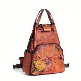 Vintage-Inspired Large Capacity Black Leather Backpack with Floral & Butterfly Design - Adjustable Strap, Zipper Closure, Polyester Lining, Urban Style, Trendy Fashion Backpack|Vintageinspired Backpack|Durable Backpack