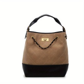1pc Women's Retro Bucket Bag with Golden-Tone Hardware & Chain Strap - Elegant Golden-Tone Hardware, Buckle Closure, Lining - Coffee Brown/Light Brown/Gray/Black Handbag for Casual & Formal Events