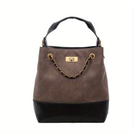 1pc Women's Retro Bucket Bag with Golden-Tone Hardware & Chain Strap - Elegant Golden-Tone Hardware, Buckle Closure, Lining - Coffee Brown/Light Brown/Gray/Black Handbag for Casual & Formal Events